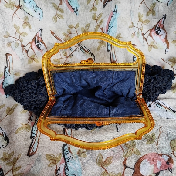 Vintage 1940's Large Half Moon Corded Clutch Purse Crochet Carved Lucite Handle - Picture 9 of 10